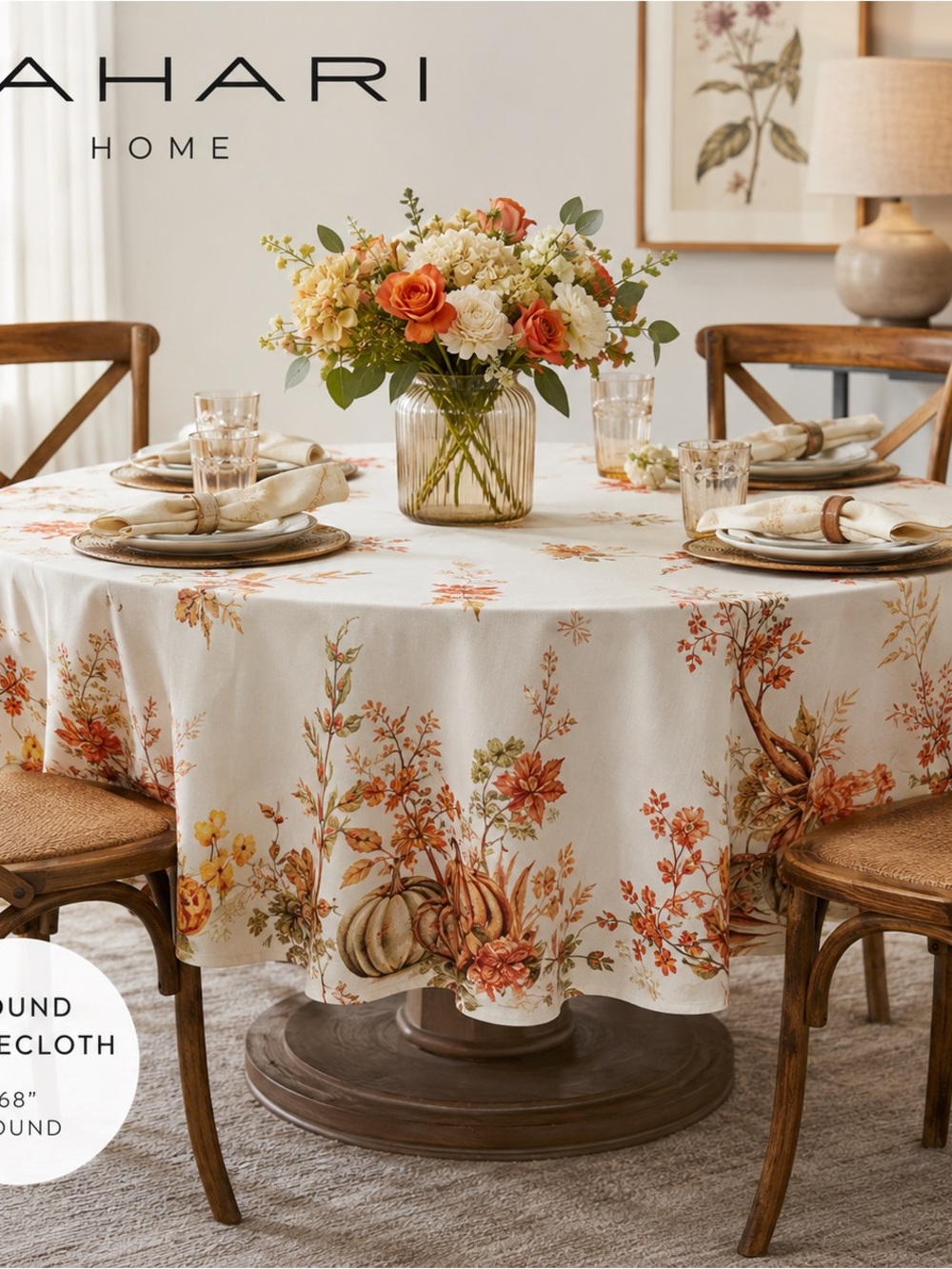 Tahari Autumn Floral Pumpkin Round Tablecloth in Cream and Orange